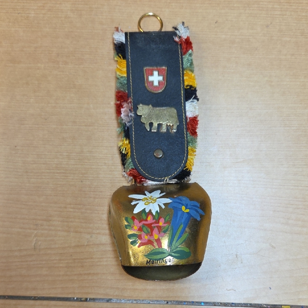 Vintage Swiss Cow Bell W Enamel Shield Emblem Brass‎ Cow Switzerland